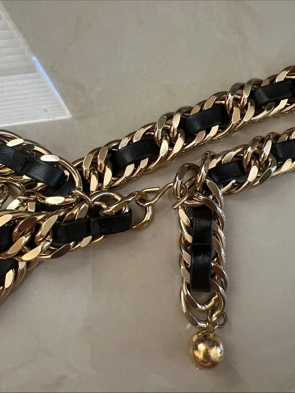 Vintage Gold Chain Belt with Black Leather Weave